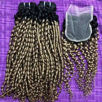 Brazilian Double Drawn Human Hair Pixie Funmi Bouncy Curls With Closure